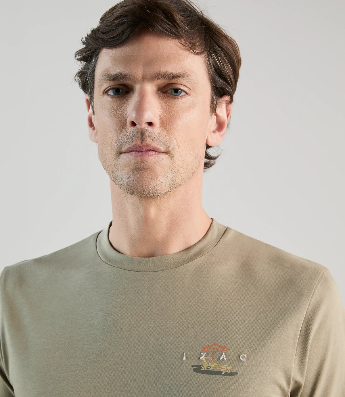 T-shirt col rond avec print kaki clair - IZAC