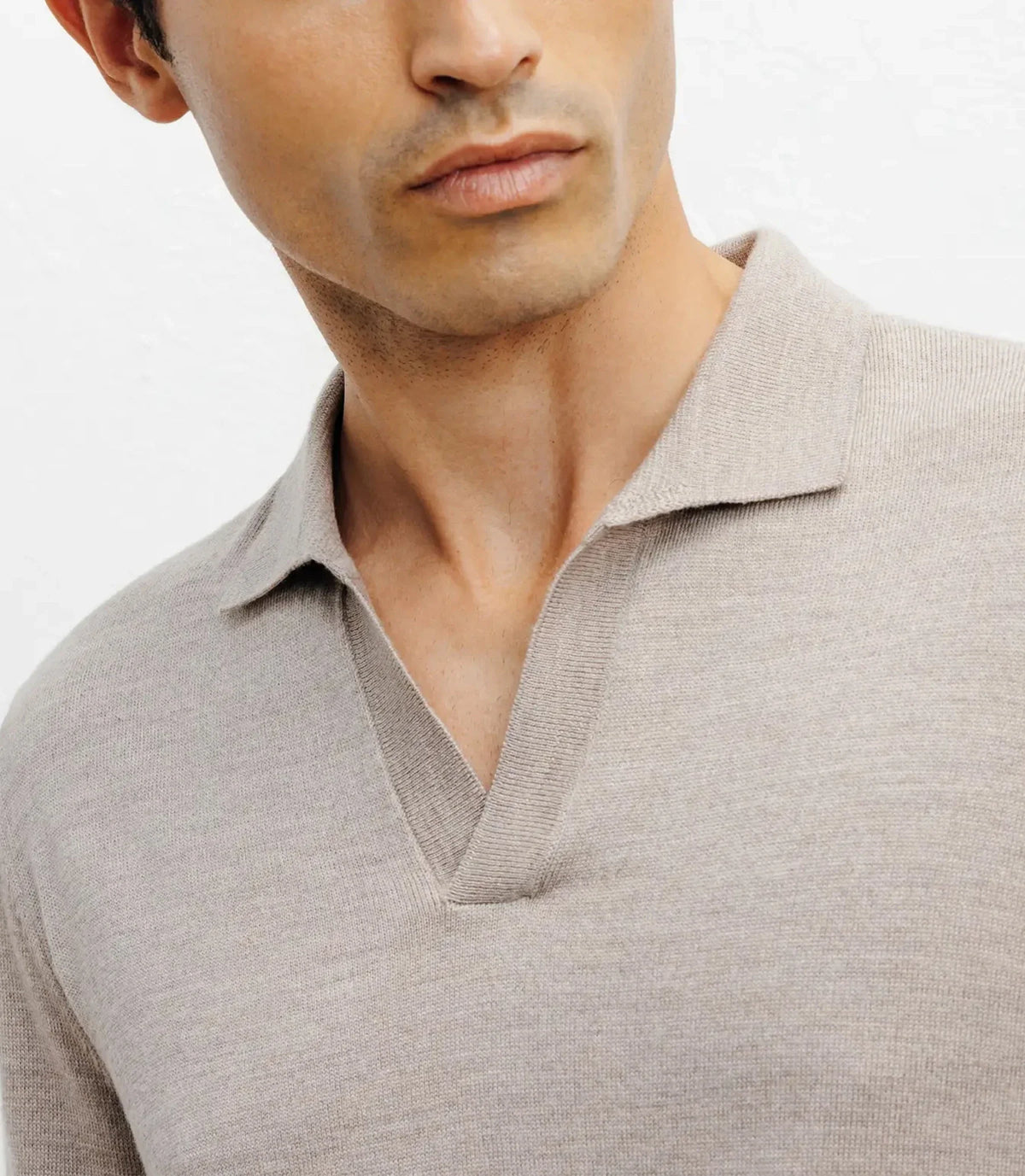 Pull col polo en laine mérinos beige - IZAC