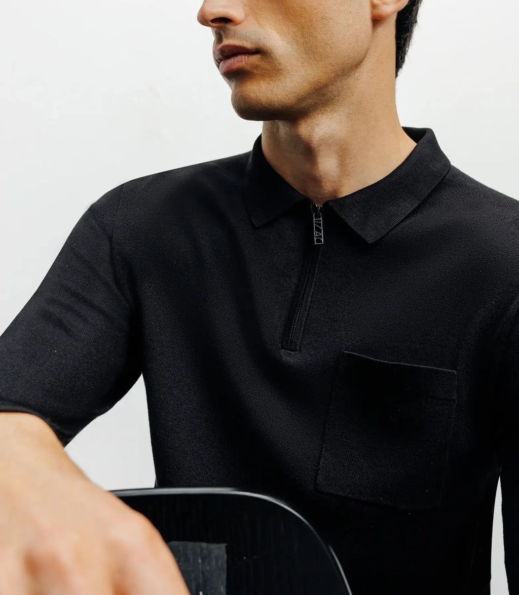 Pull col polo zippé en maille fine noir - IZAC