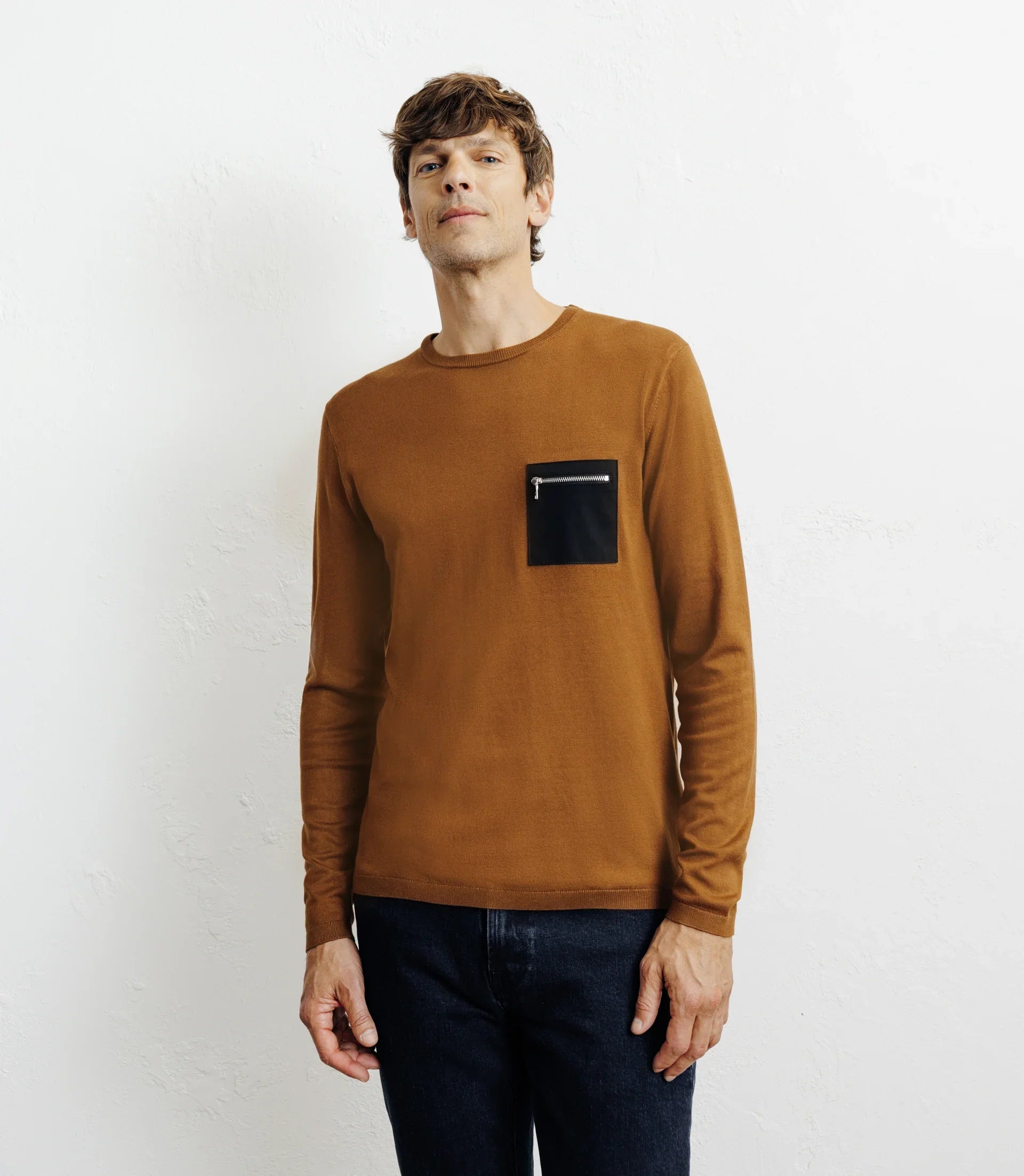 Pull manches longues col rond en maille bronze - IZAC