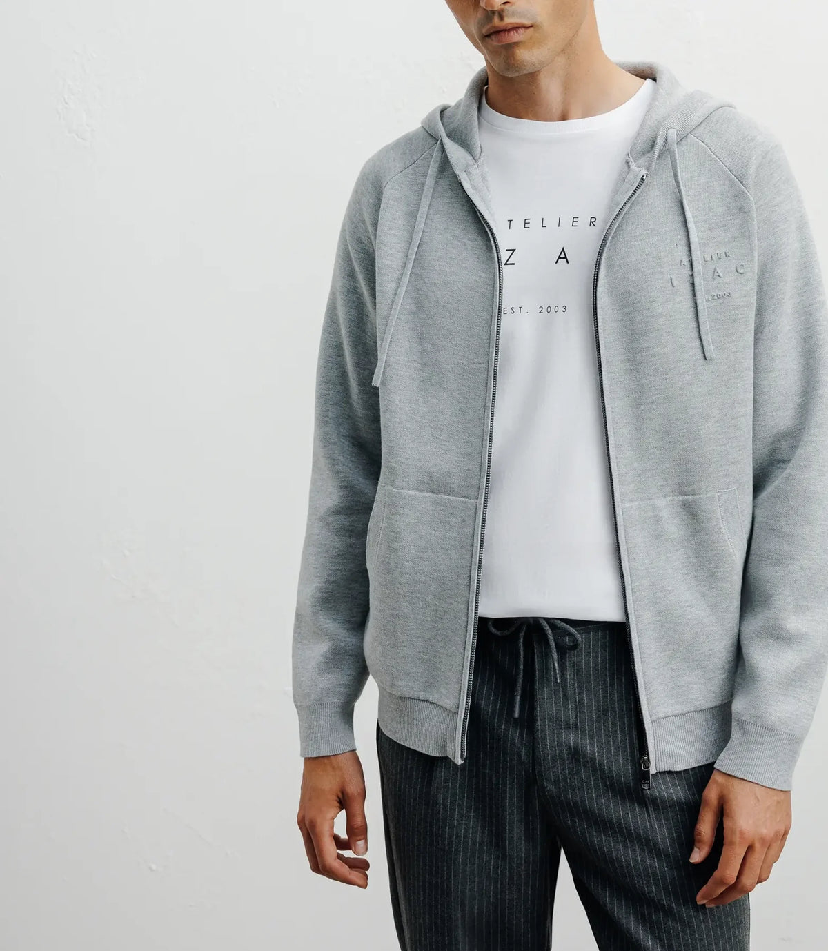 Hoodie zippé à capuche en maille gris chiné - IZAC