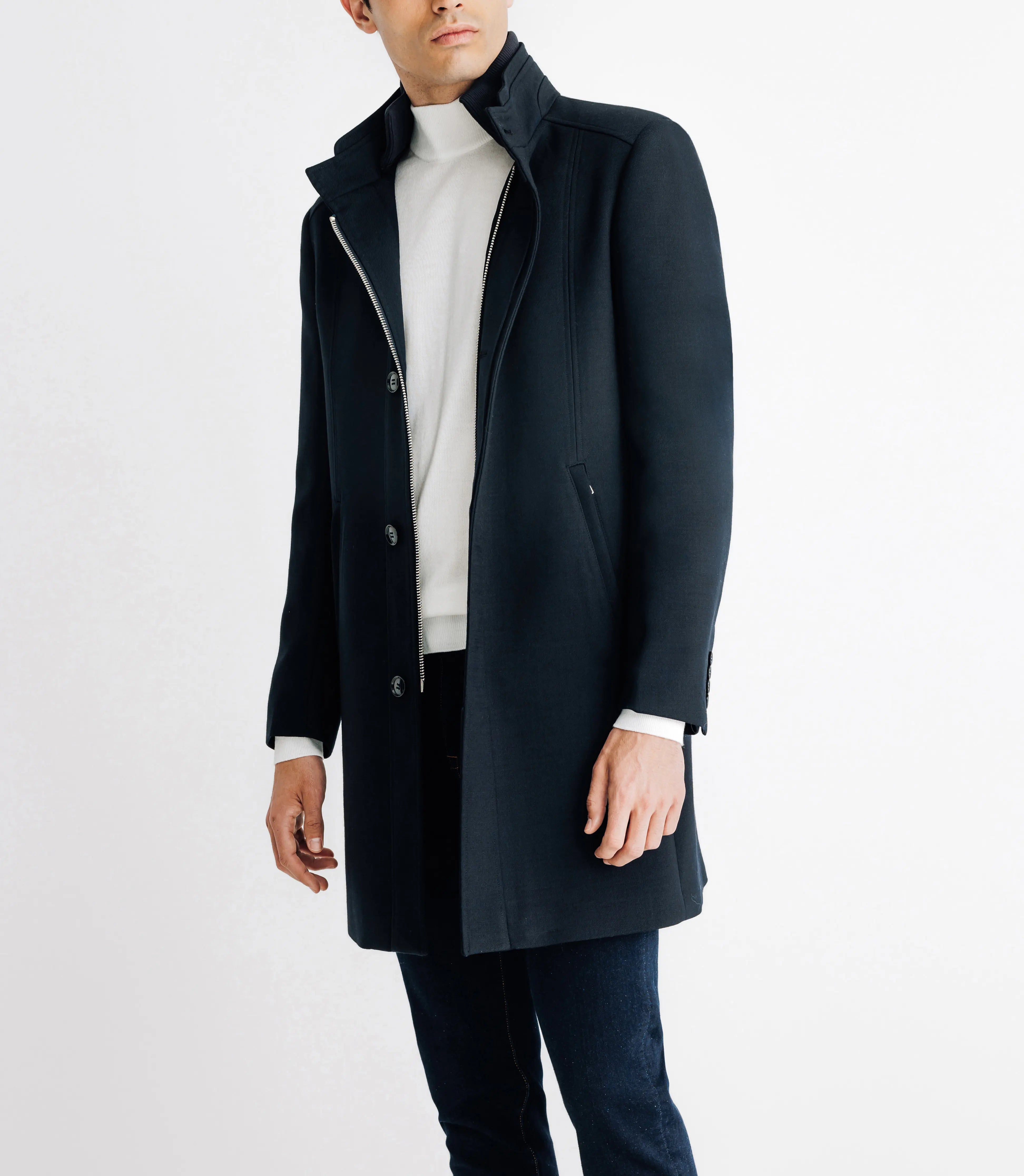 Manteau ville droit à col montant marine - IZAC