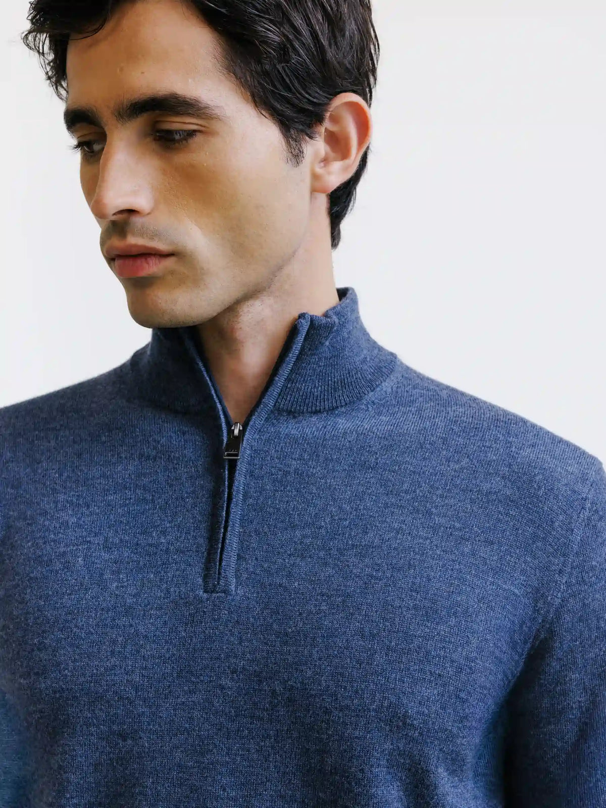 Pull demi-zippé en laine mérinos indigo - IZAC