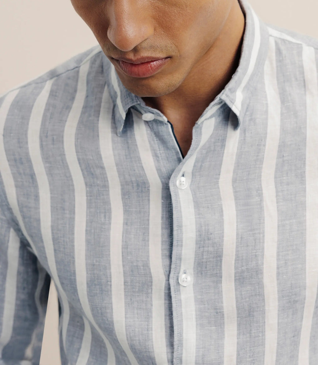 Chemise rayée 100% lin bleue - IZAC