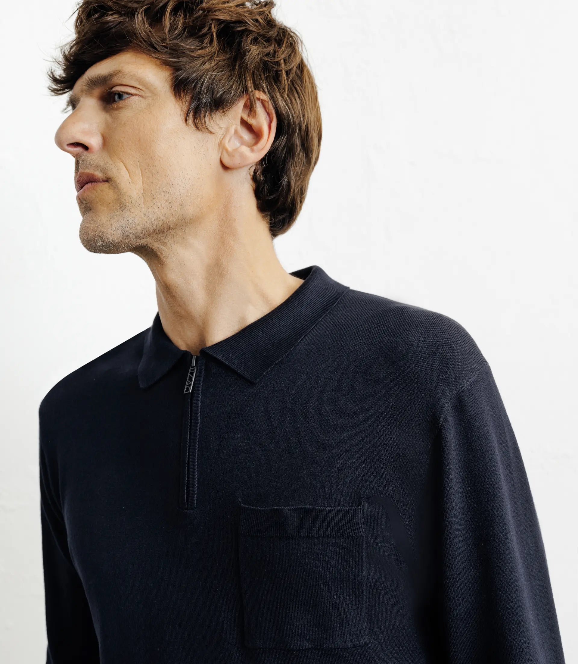 Pull col polo zippé en maille fine marine - IZAC