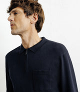 Pull col polo zippé en maille fine marine - IZAC