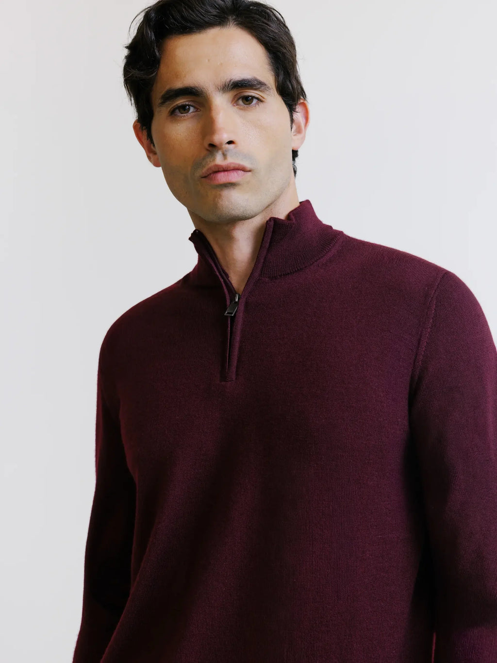 Pull demi-zippé en laine mérinos bordeaux - IZAC