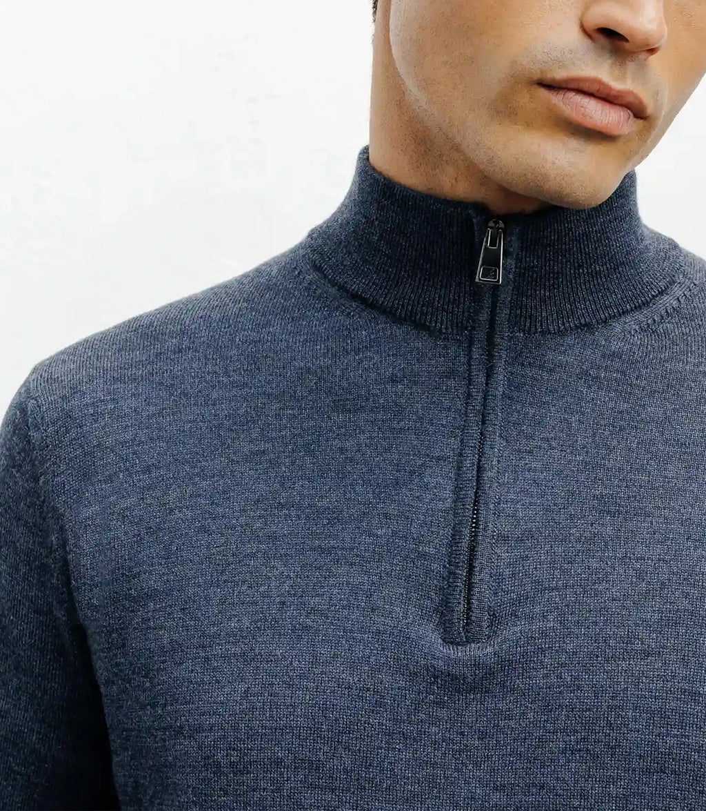 Pull à col demi zippé mérinos indigo - IZAC