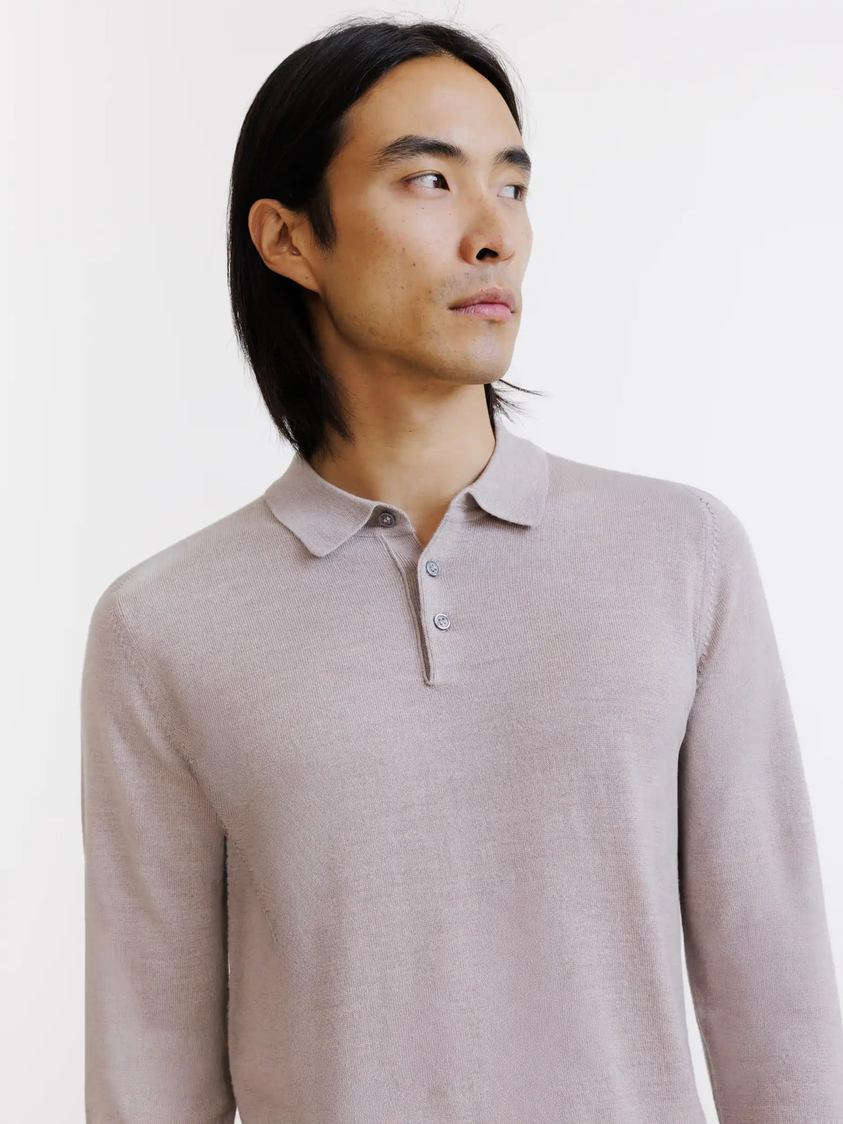 Pull à col polo boutonné en laine mérinos beige - IZAC