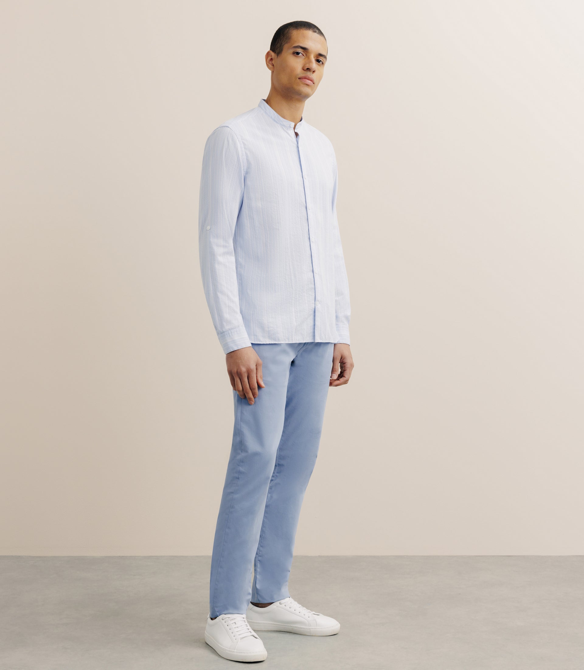 Chemise rayée col mao 100% coton ciel - IZAC