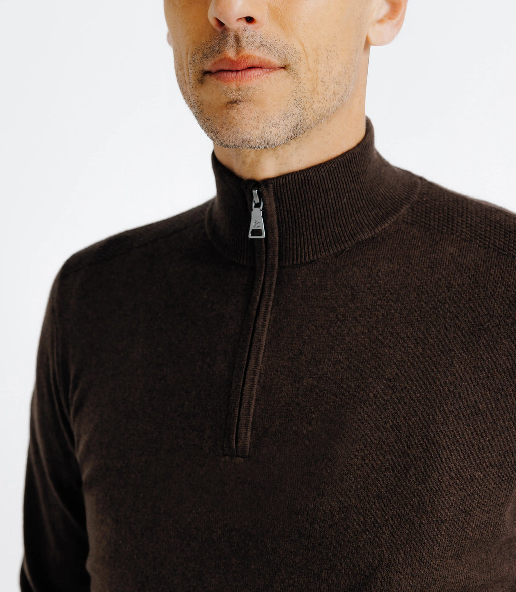 Pull coton/cachemire col zippé chocolat - IZAC