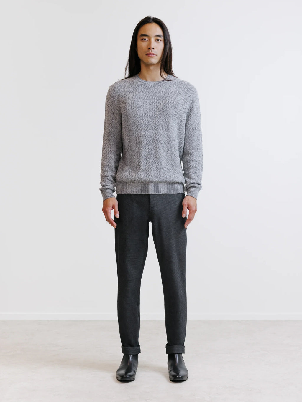 Pull jacquard col rond gris - IZAC