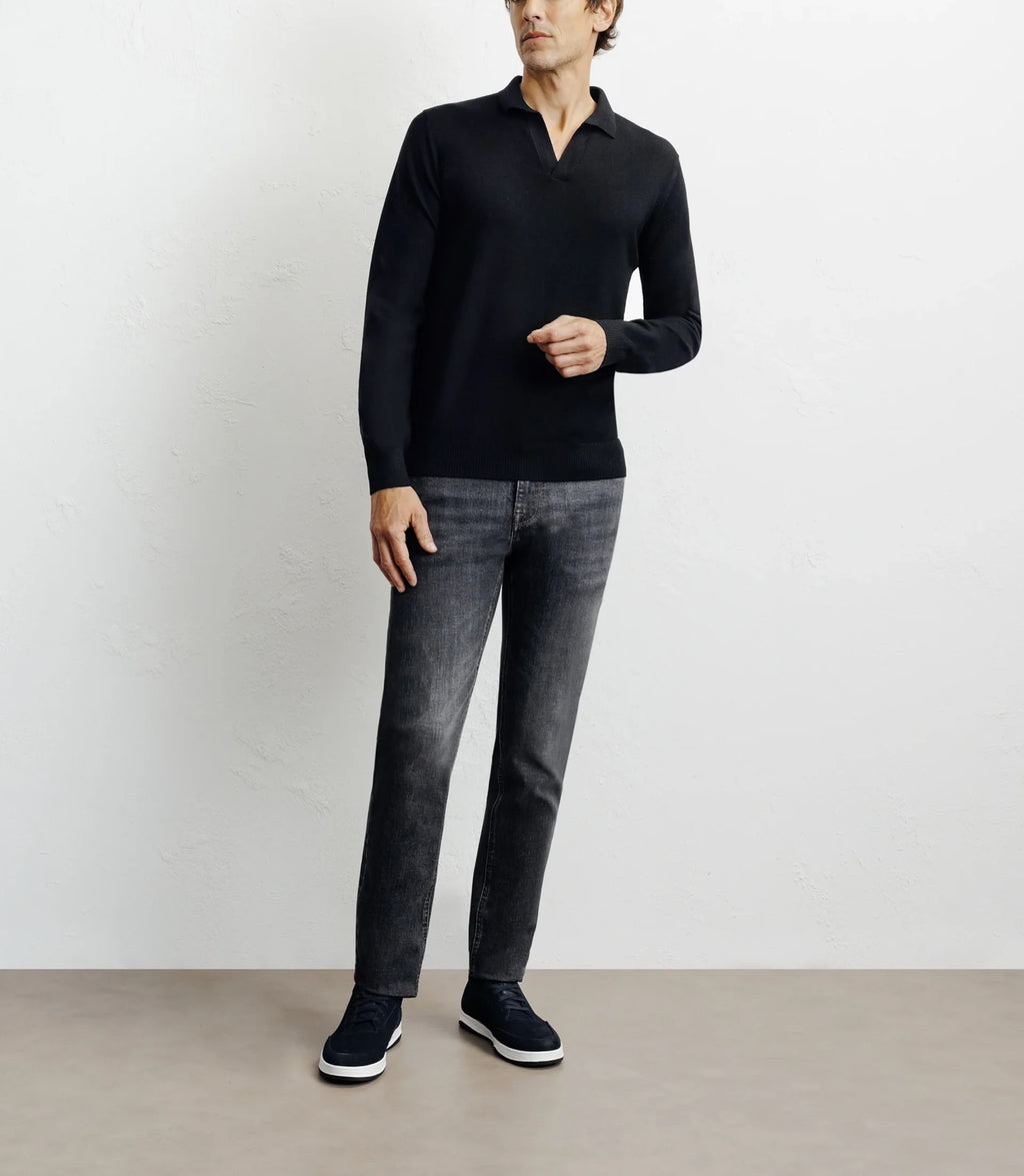 Pull col polo en laine mérinos noir - IZAC