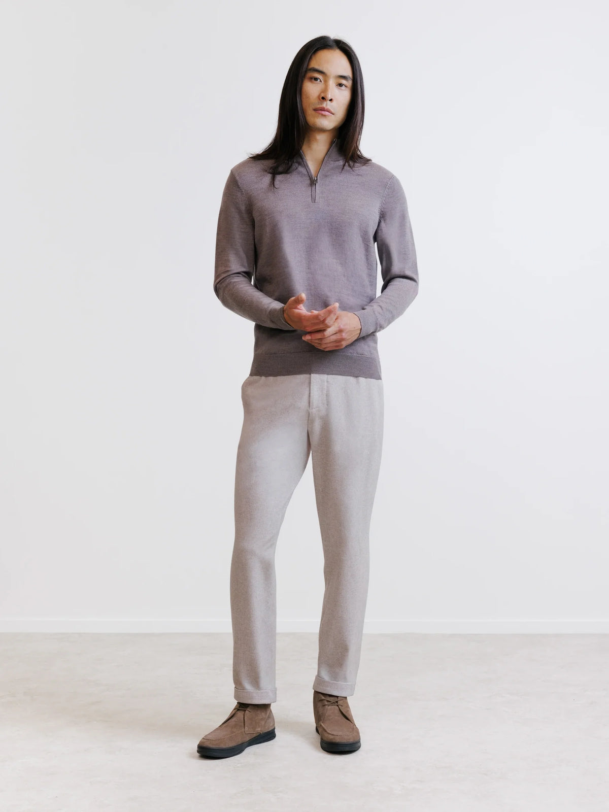 Pull demi-zippé en laine mérinos châtain - IZAC