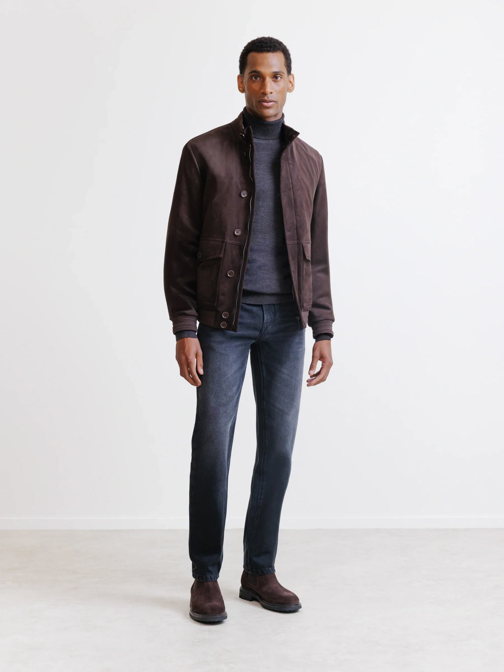 Blouson col montant en suède marron foncé - IZAC