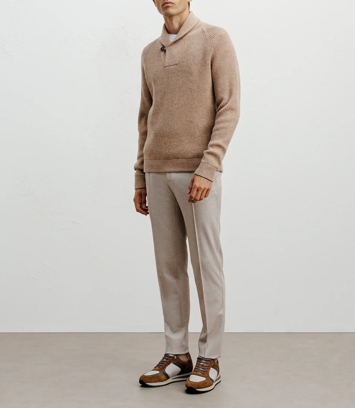 Pull en laine col châle beige - IZAC