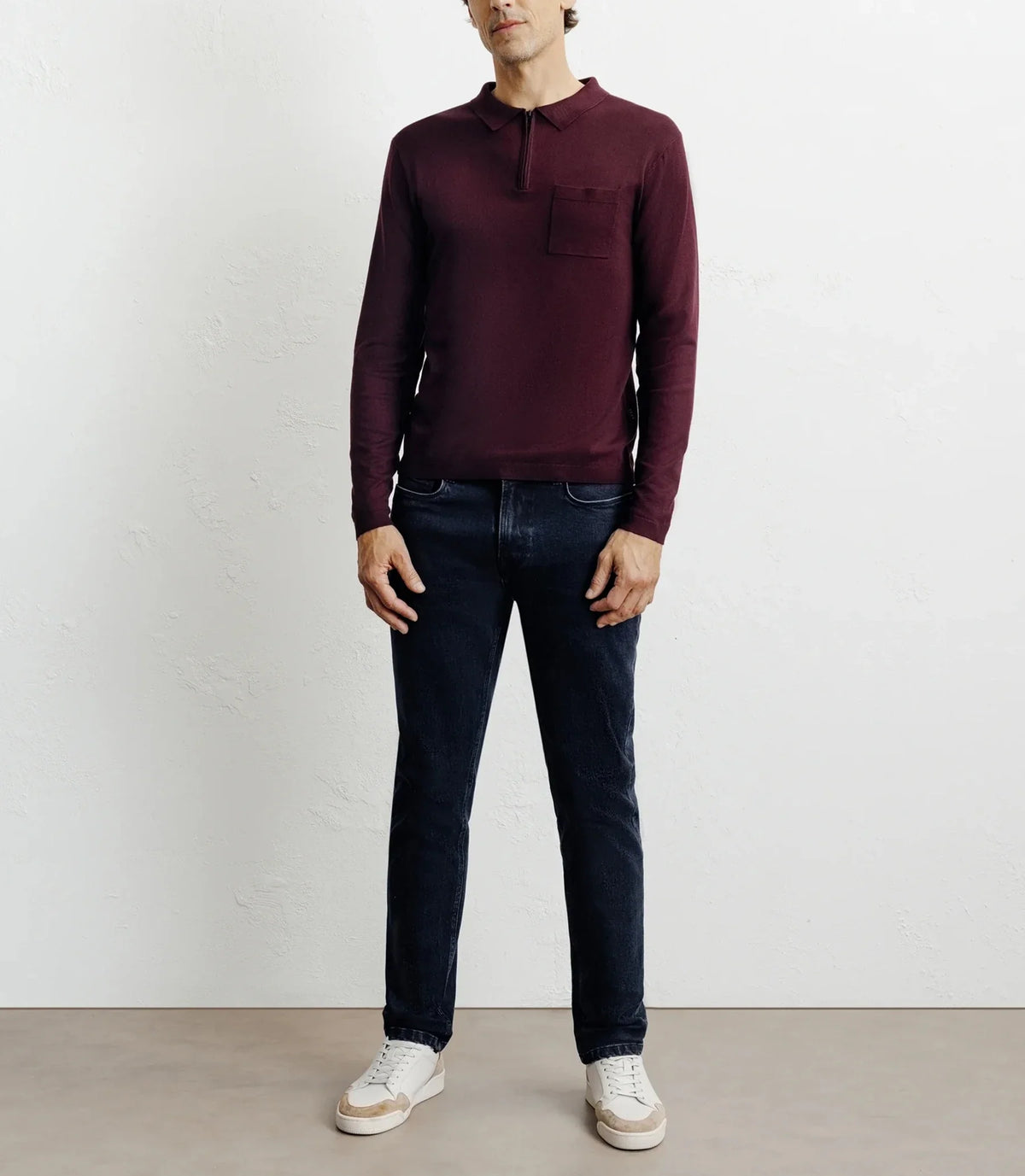 Pull col polo zippé en maille fine bordeaux foncé - IZAC