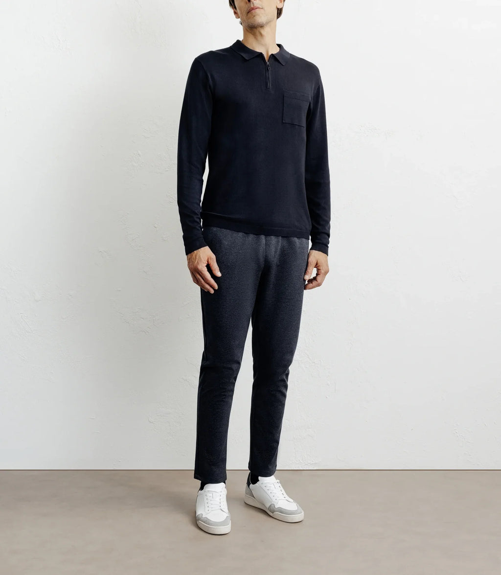 Pull col polo zippé en maille fine marine - IZAC