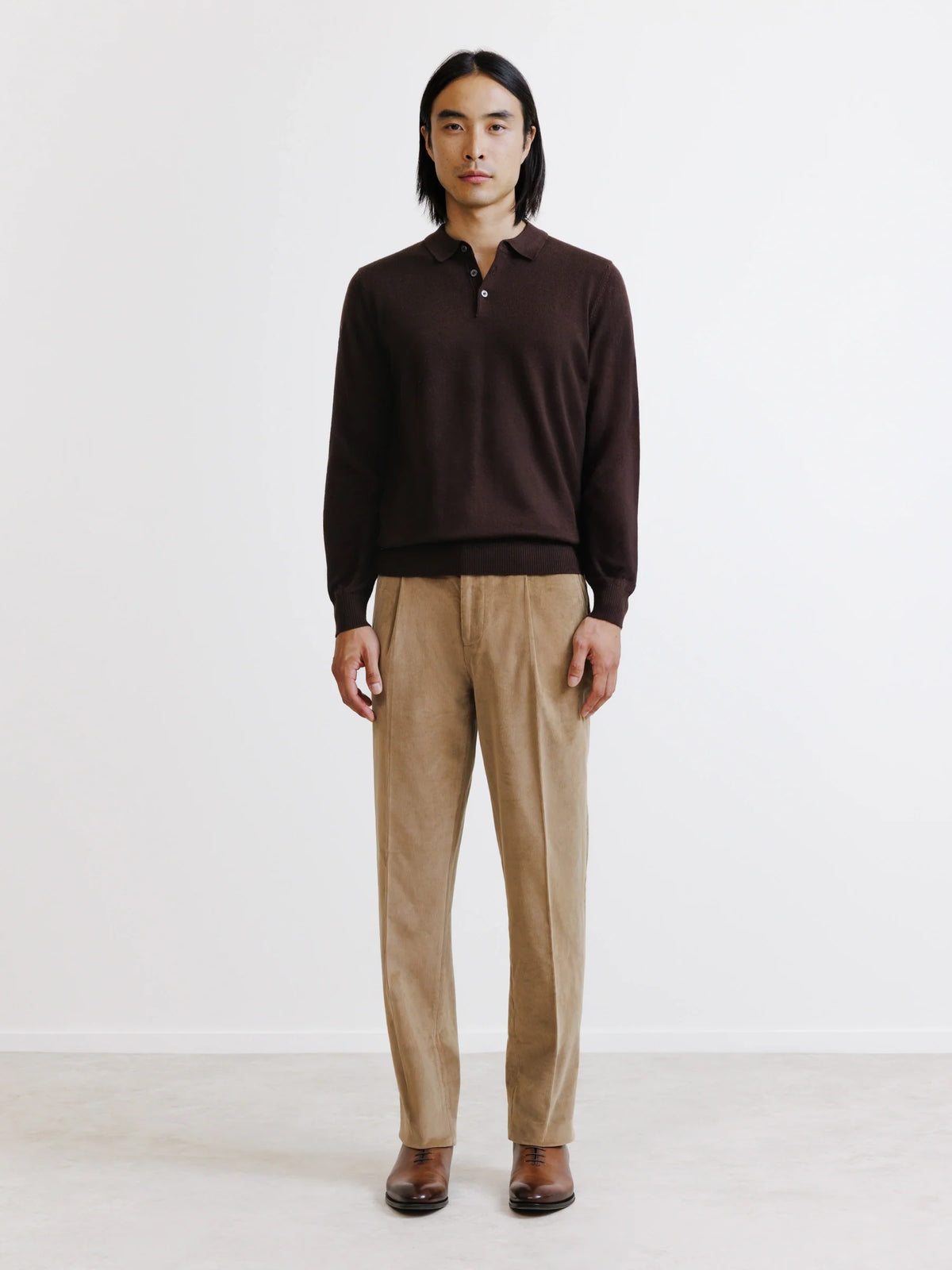 Pull à col polo boutonné en laine mérinos chocolat - IZAC