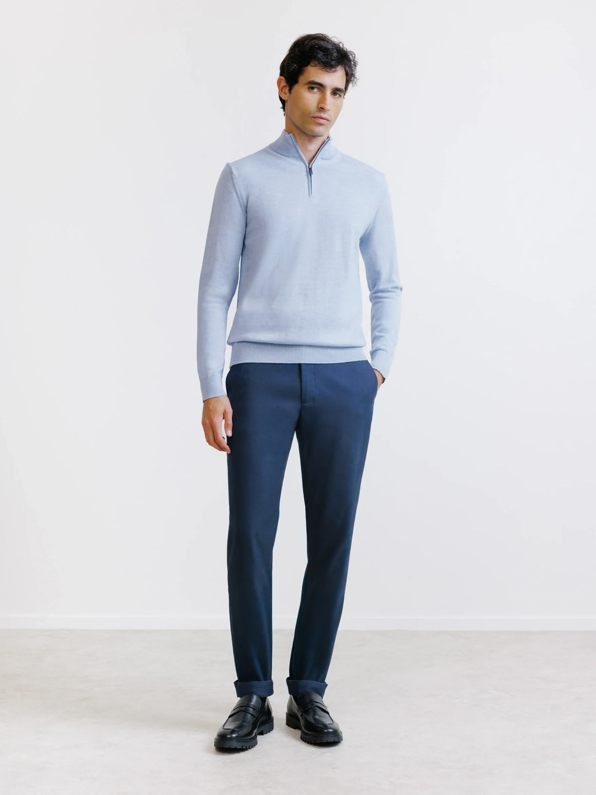 Pull demi-zippé en laine mérinos bleu ciel - IZAC