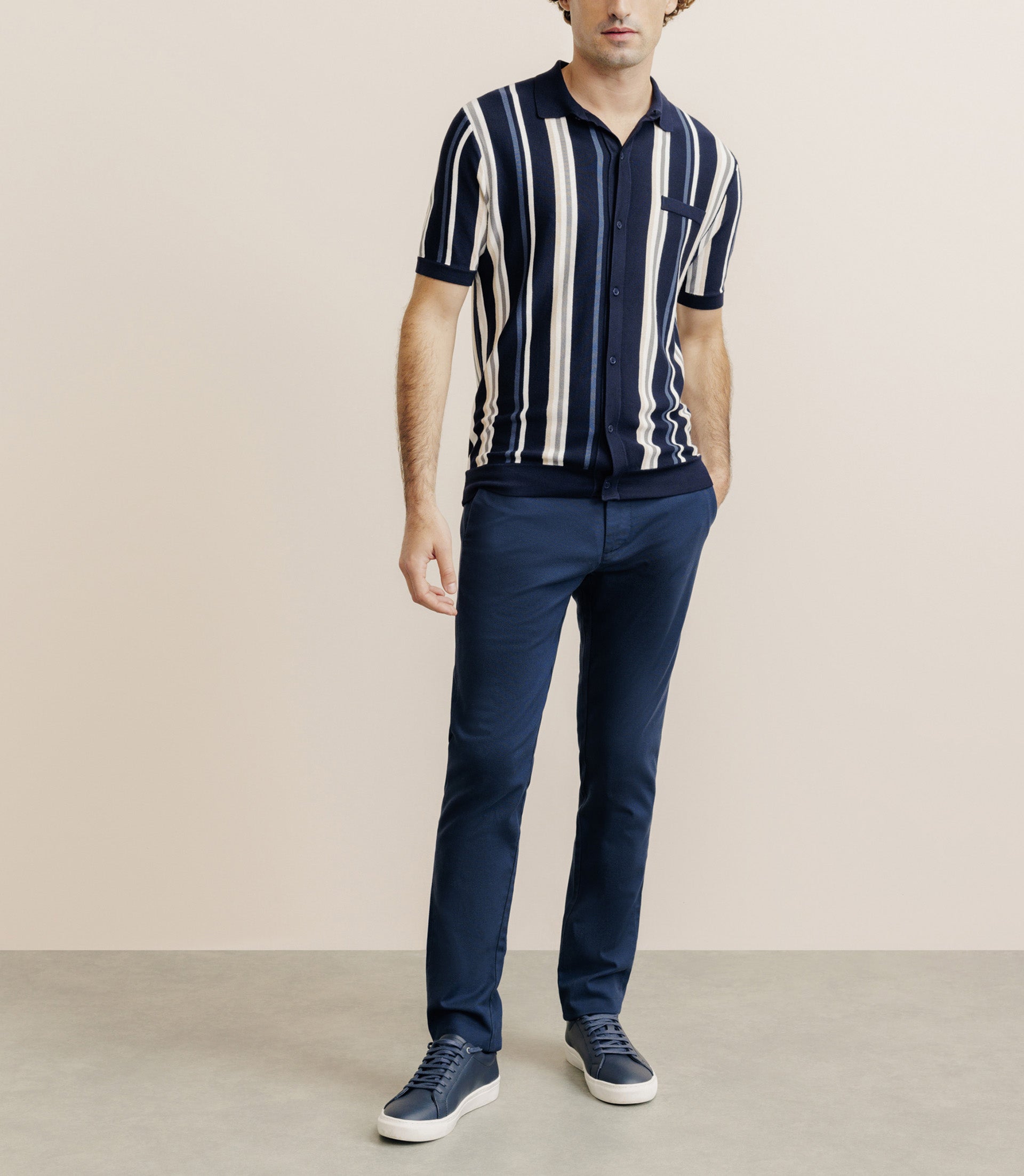 Polo boutonné en maille rayé marine - IZAC