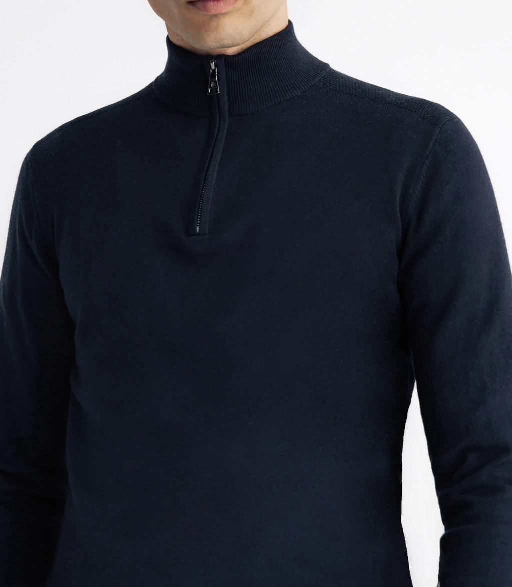 Pull coton/cachemire col zippé bleu marine - IZAC
