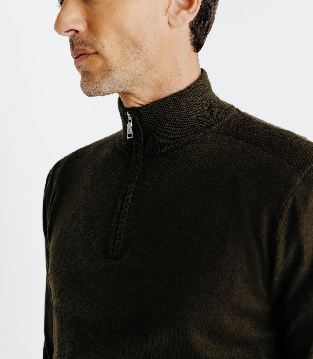 Pull coton/cachemire col zippé kaki - IZAC