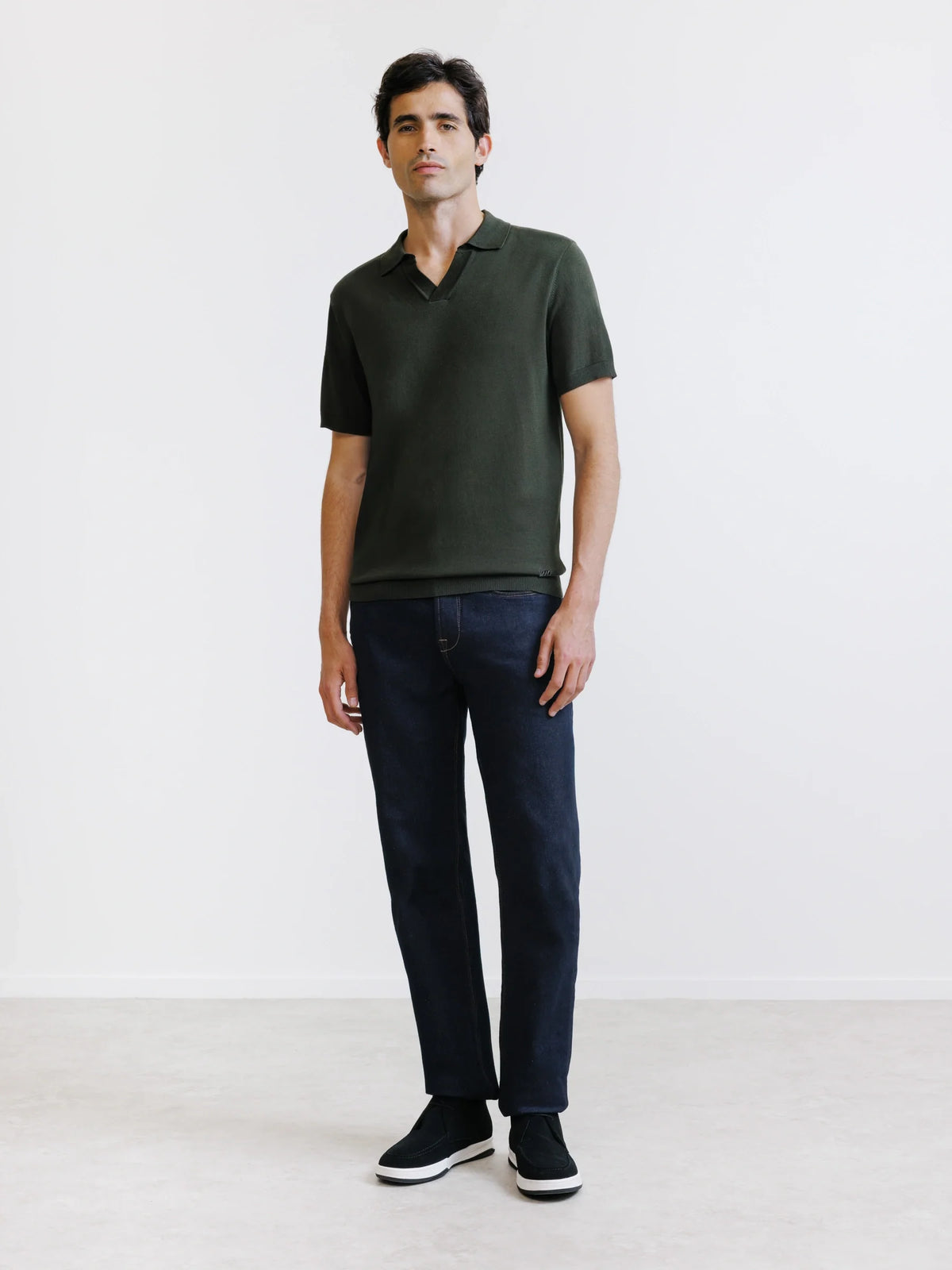 Polo col ouvert en maille vert moyen - IZAC