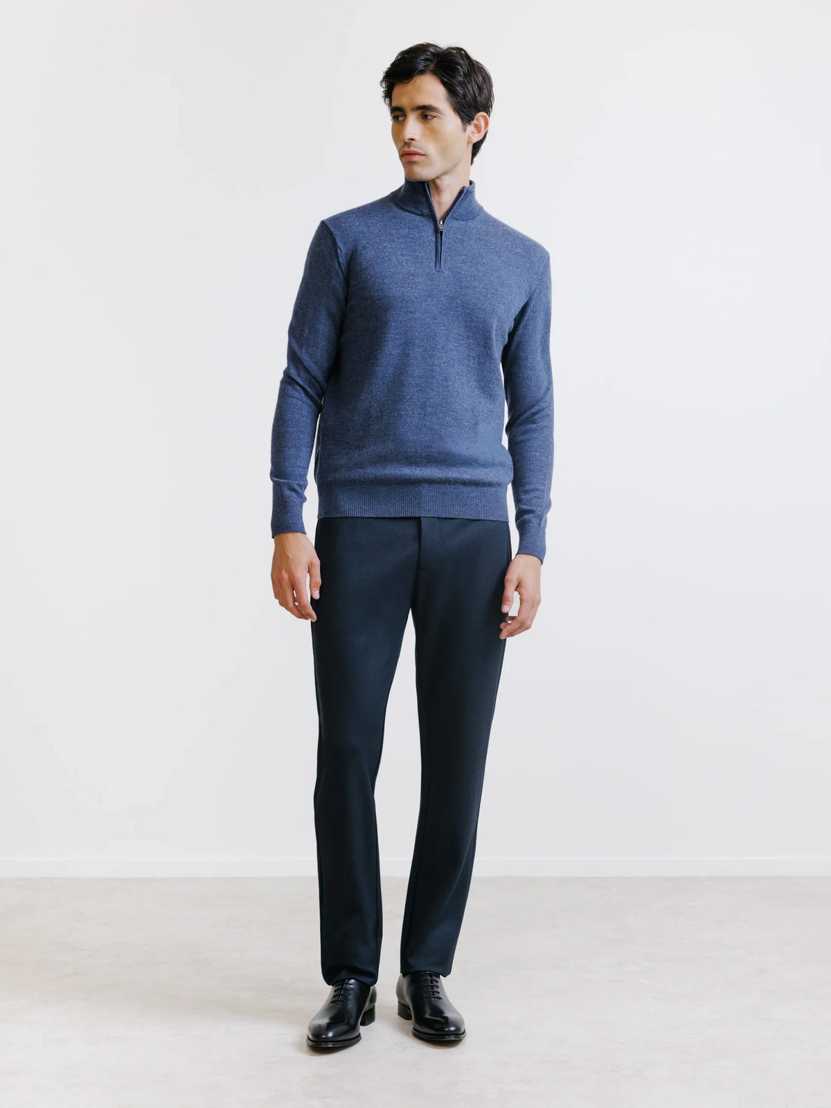Pull demi-zippé en laine mérinos indigo - IZAC