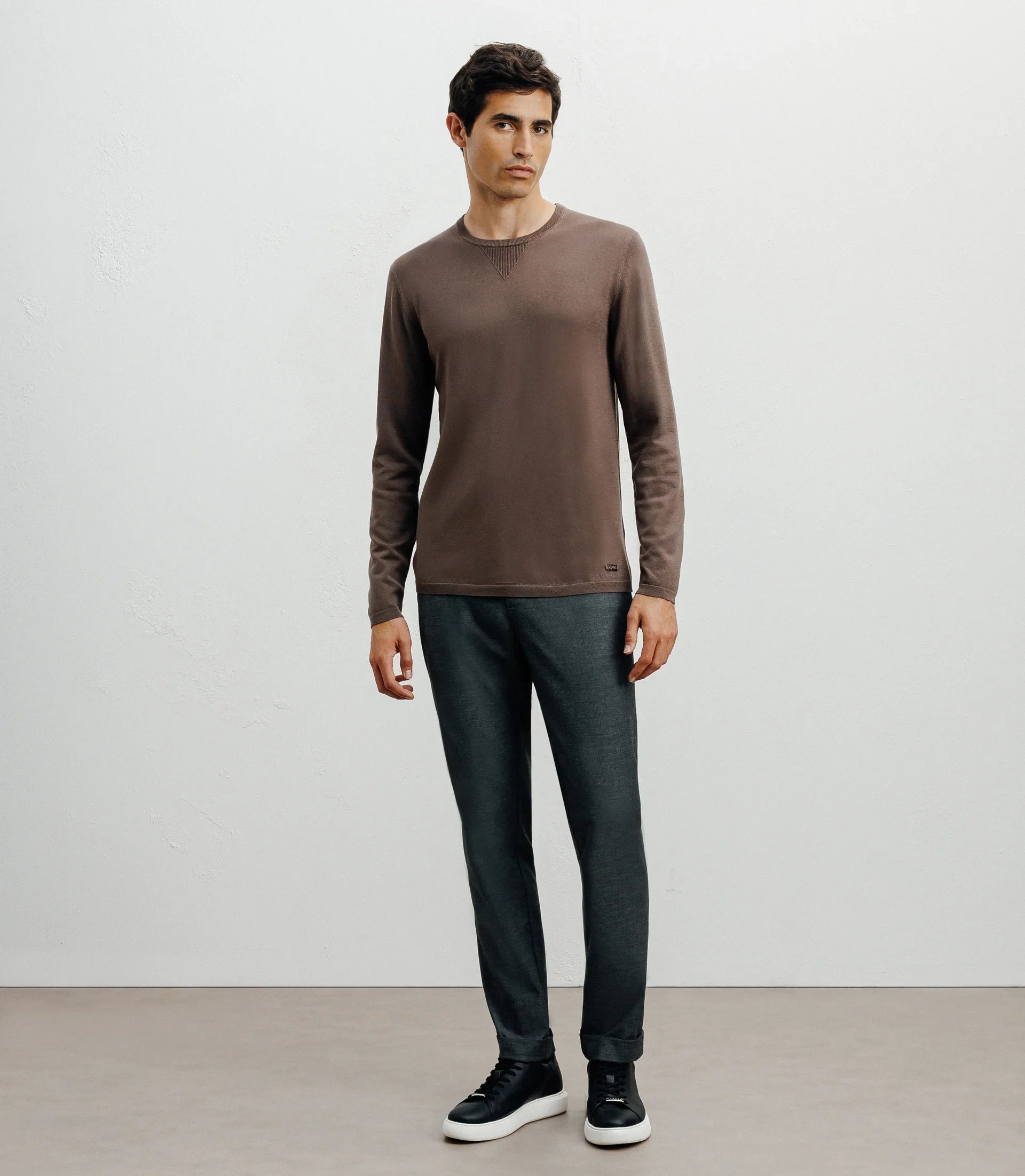 Pull manches longues col rond en maille chatain - IZAC