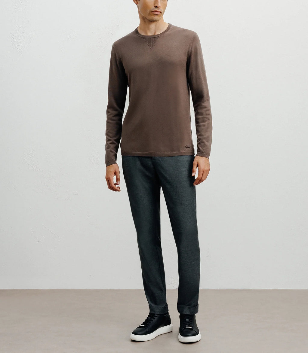 Pull manches longues col rond en maille chatain - IZAC