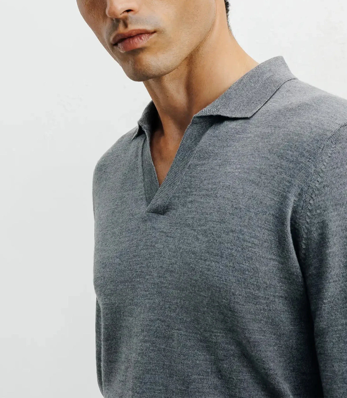 Pull col polo en laine mérinos gris chiné - IZAC