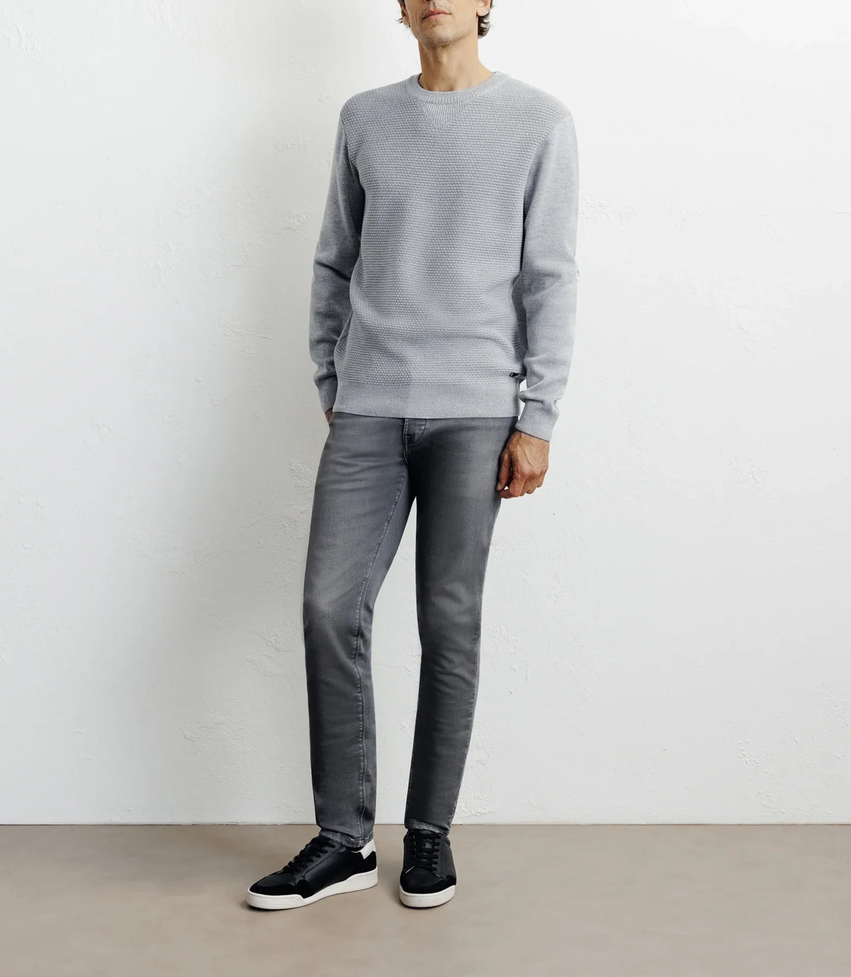 Pull col rond jeux de points gris chiné - IZAC