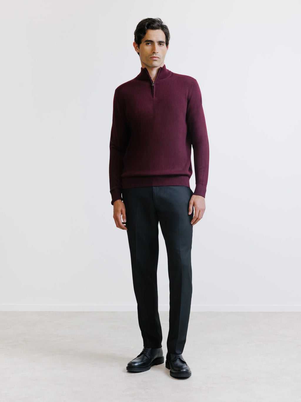 Pull demi-zippé en laine mérinos bordeaux - IZAC