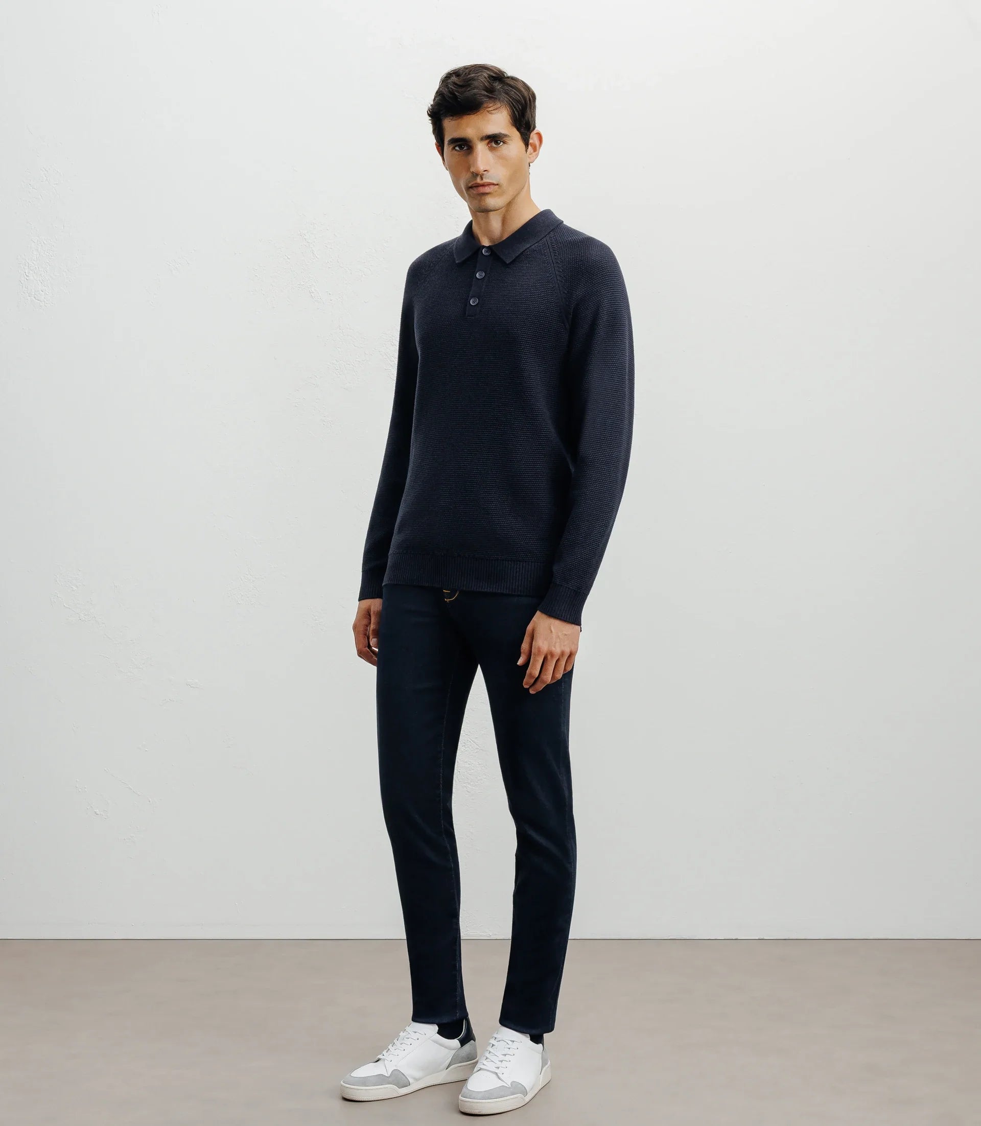 Pull col polo boutonné jeux de points marine - IZAC