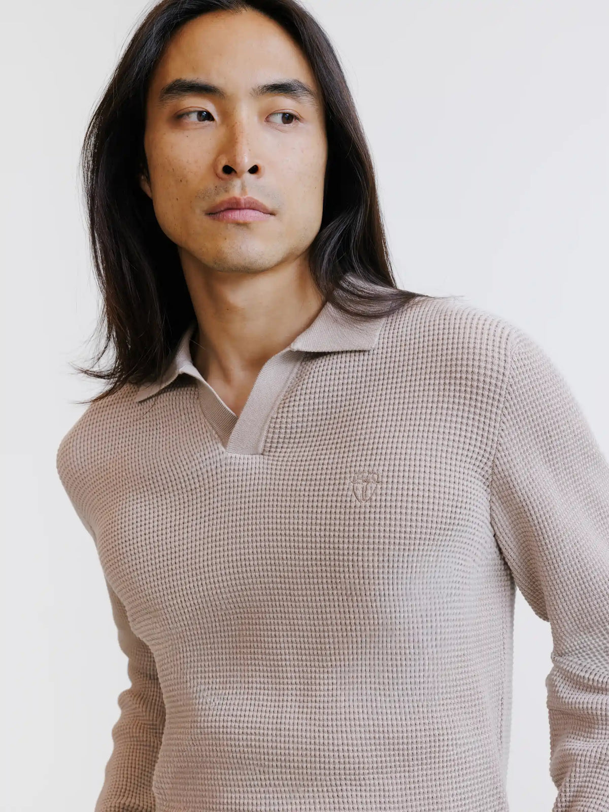 Pull à col polo ouvert à jeux de points beige - IZAC