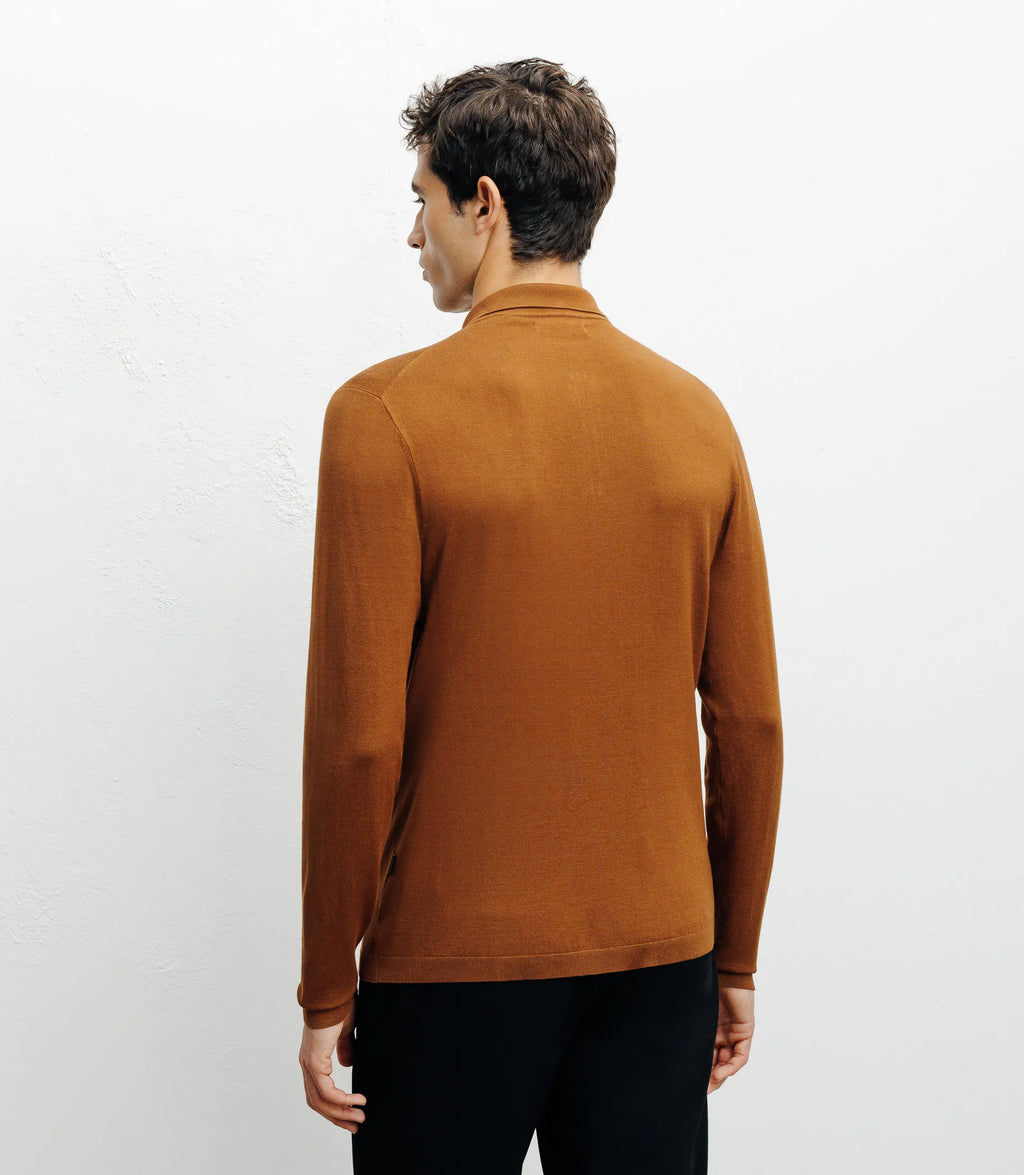 Pull col polo zippé en maille fine bronze - IZAC