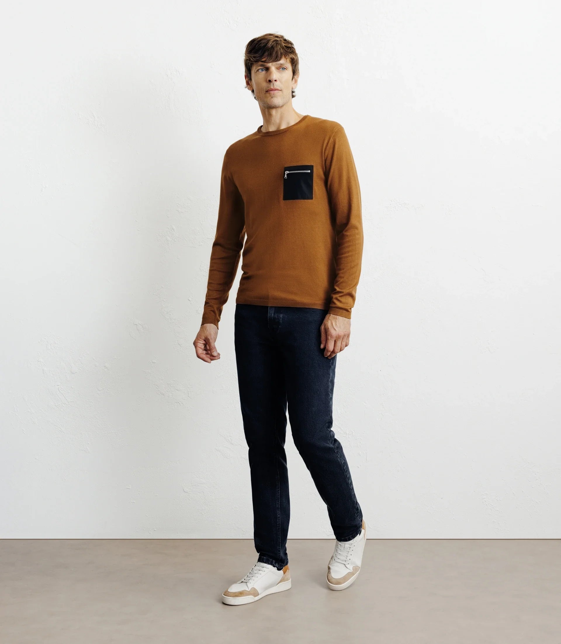 Pull manches longues col rond en maille bronze - IZAC