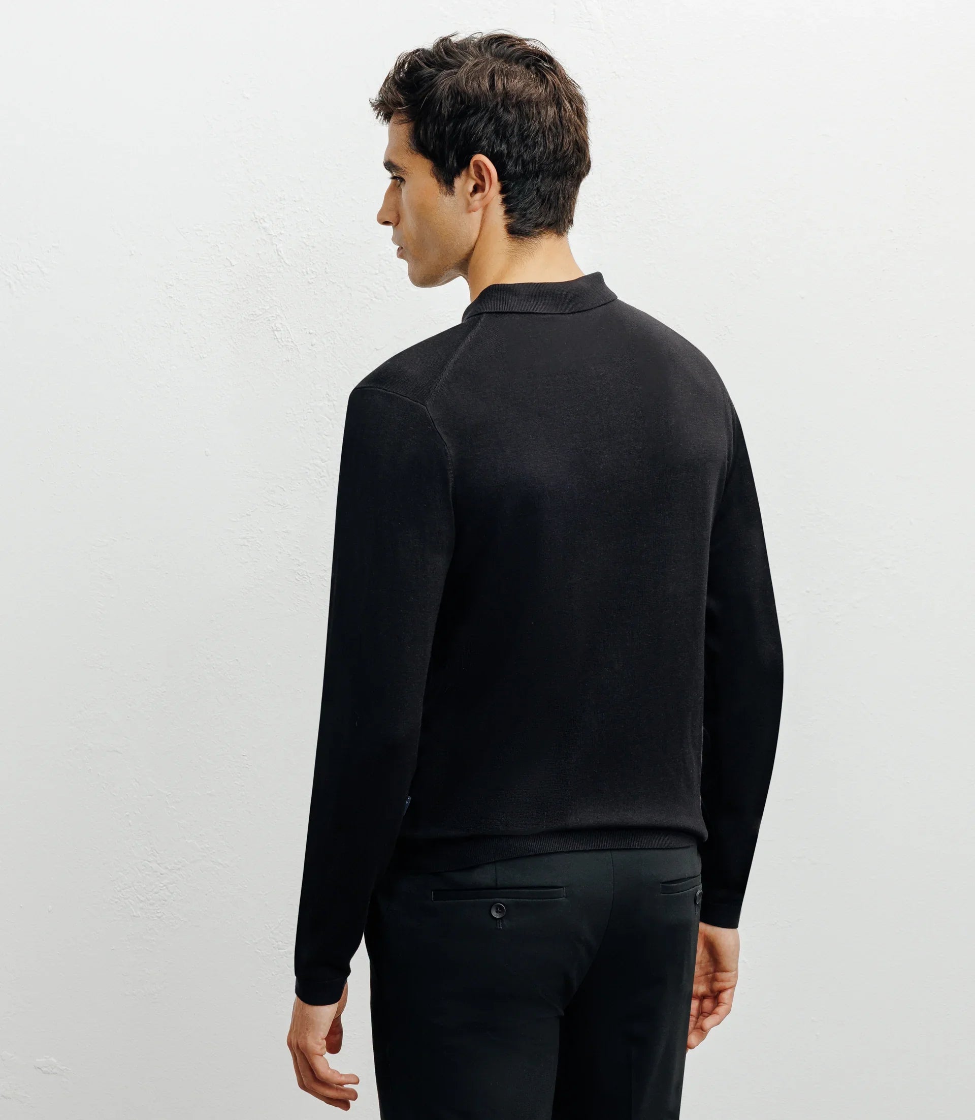 Pull col polo zippé en maille fine noir - IZAC