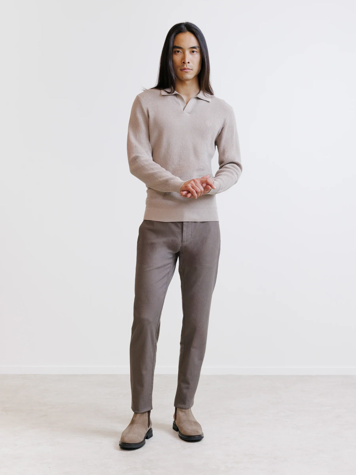 Pull à col polo ouvert à jeux de points beige - IZAC