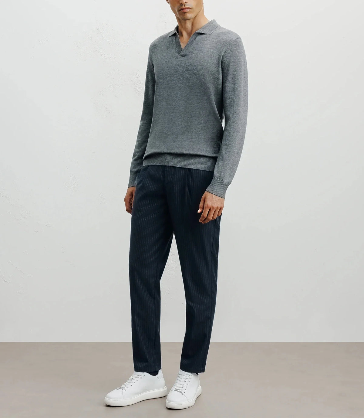 Pull col polo en laine mérinos gris chiné - IZAC
