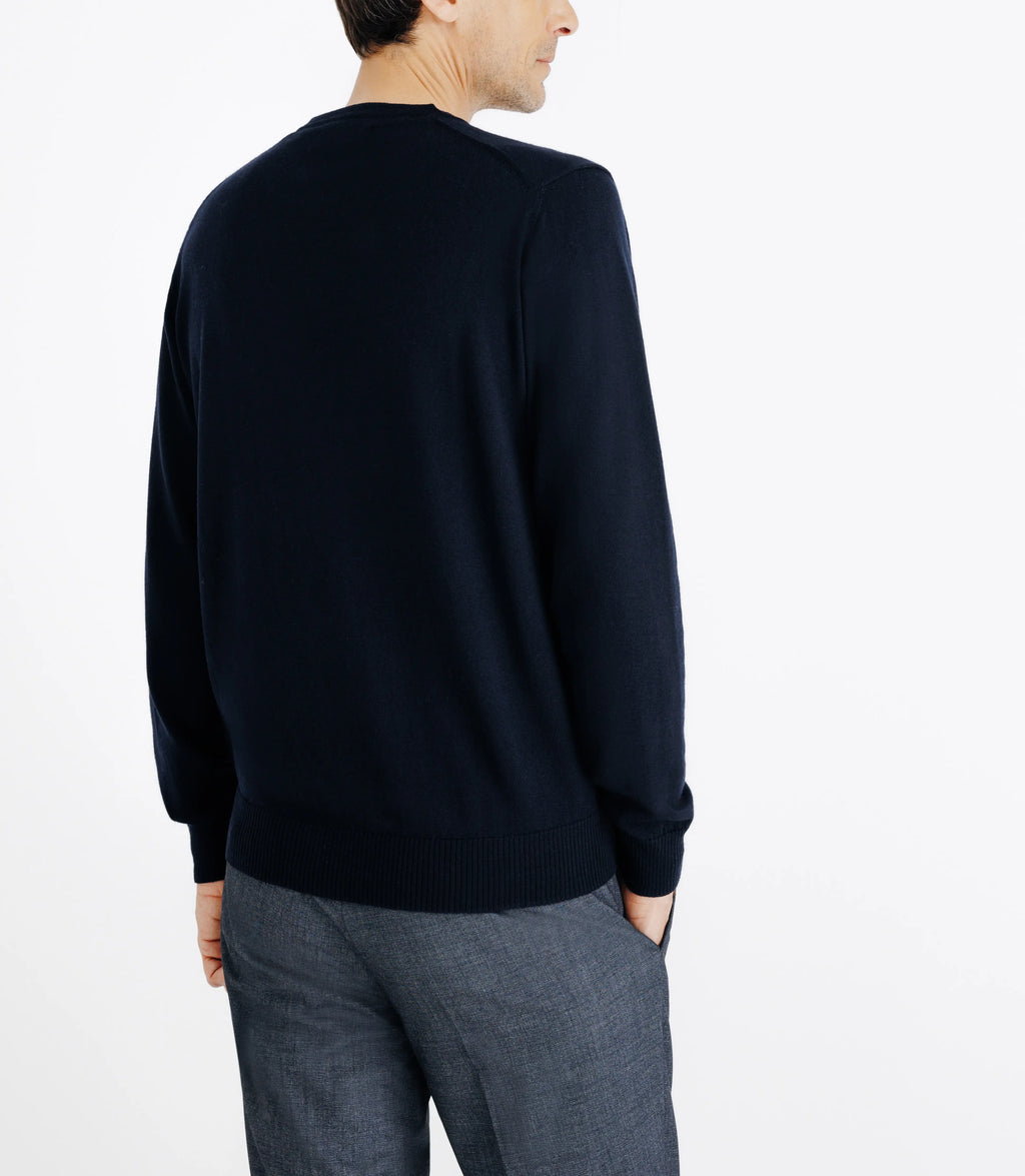 Pull en laine mérinos col rond marine - IZAC