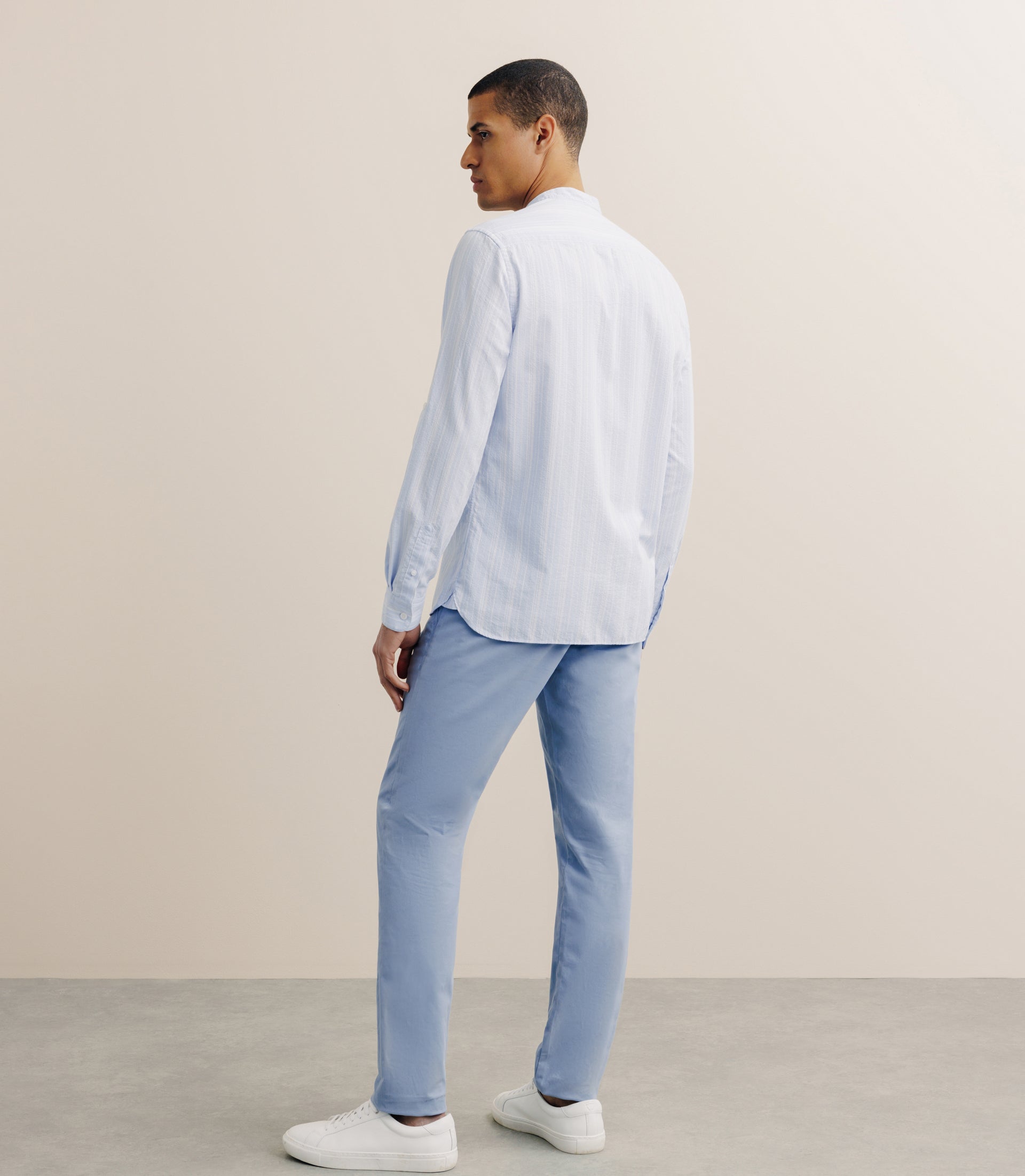 Chemise rayée col mao 100% coton ciel - IZAC