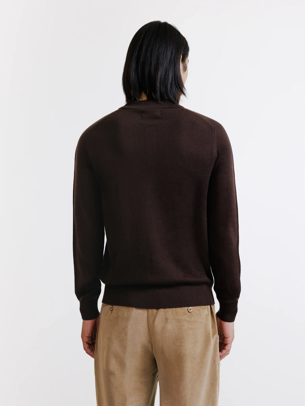 Pull à col polo boutonné en laine mérinos chocolat - IZAC