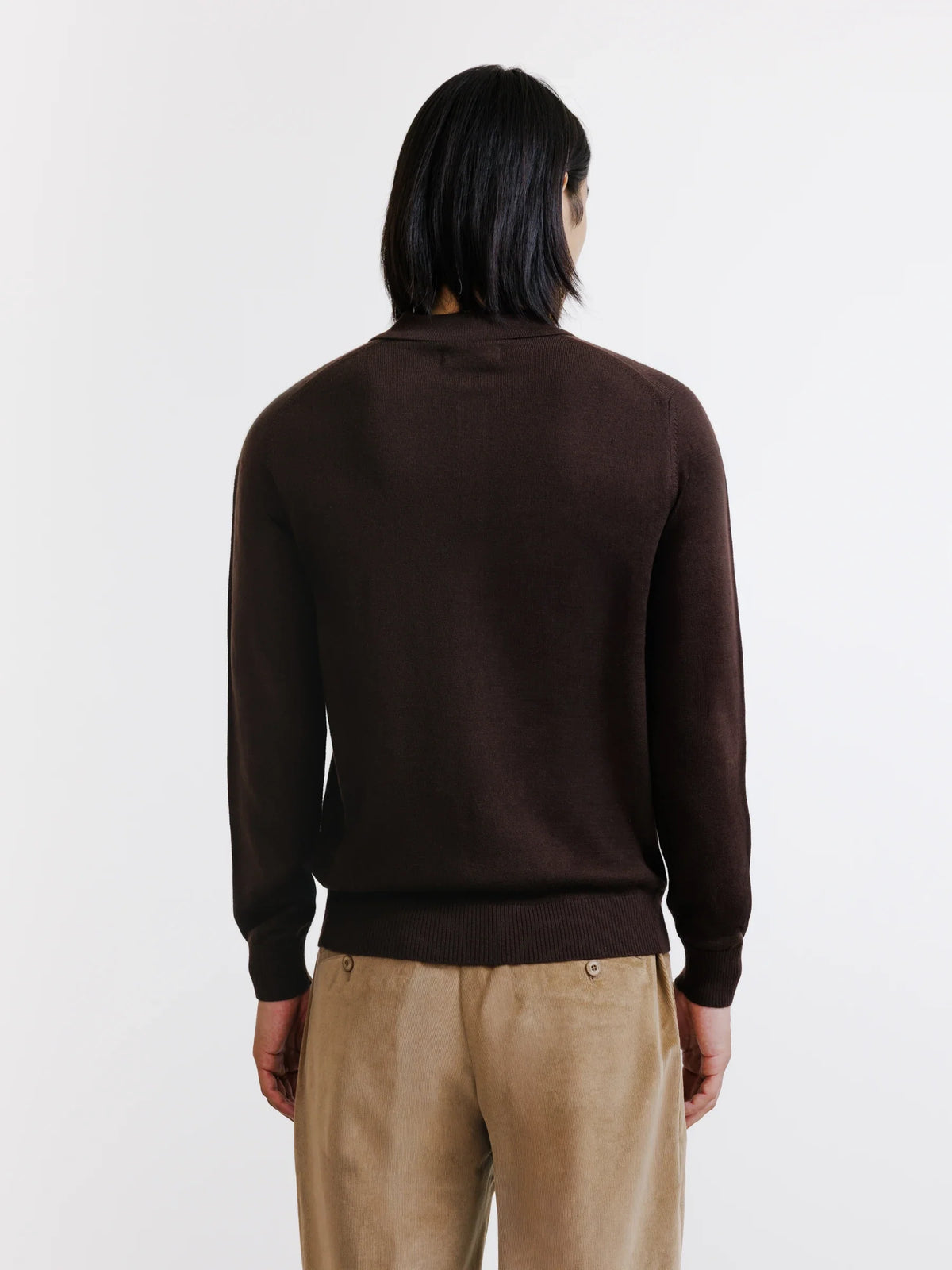Pull à col polo boutonné en laine mérinos chocolat - IZAC