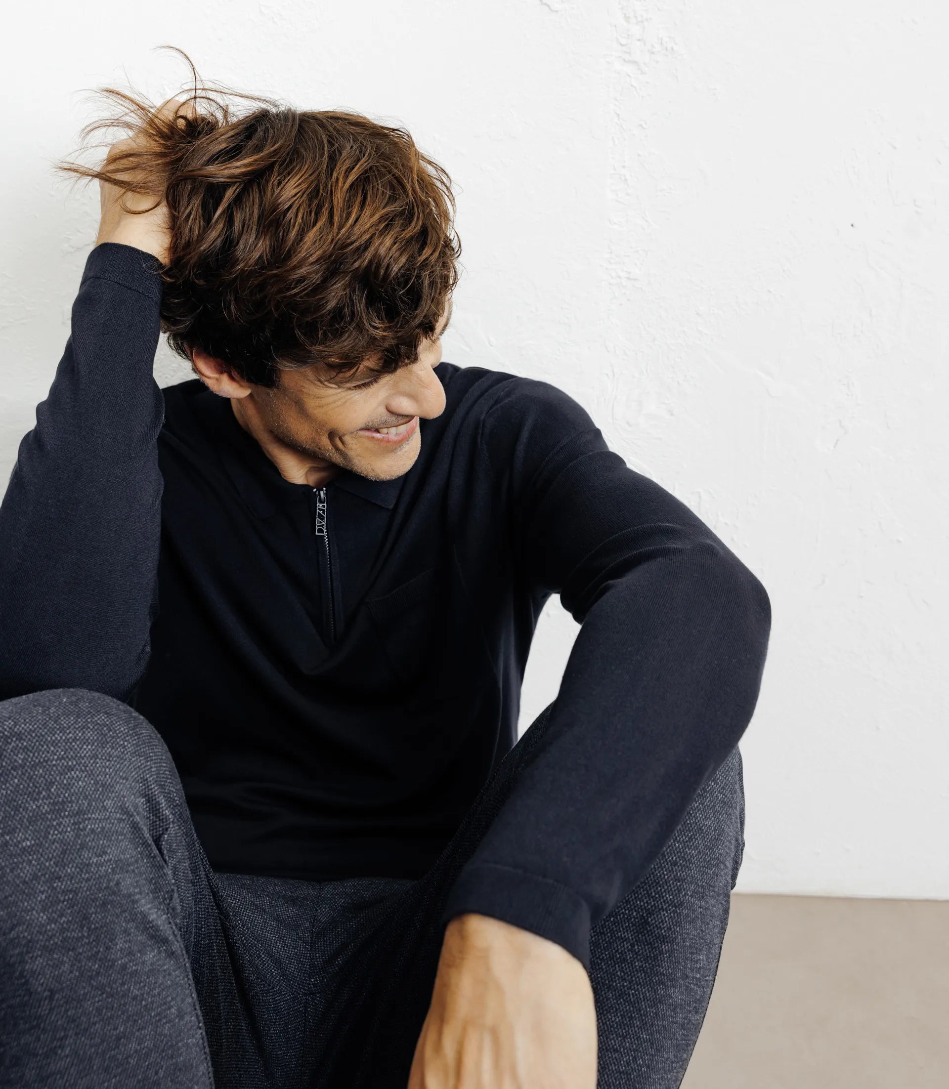 Pull col polo zippé en maille fine marine - IZAC