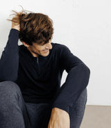 Pull col polo zippé en maille fine marine - IZAC