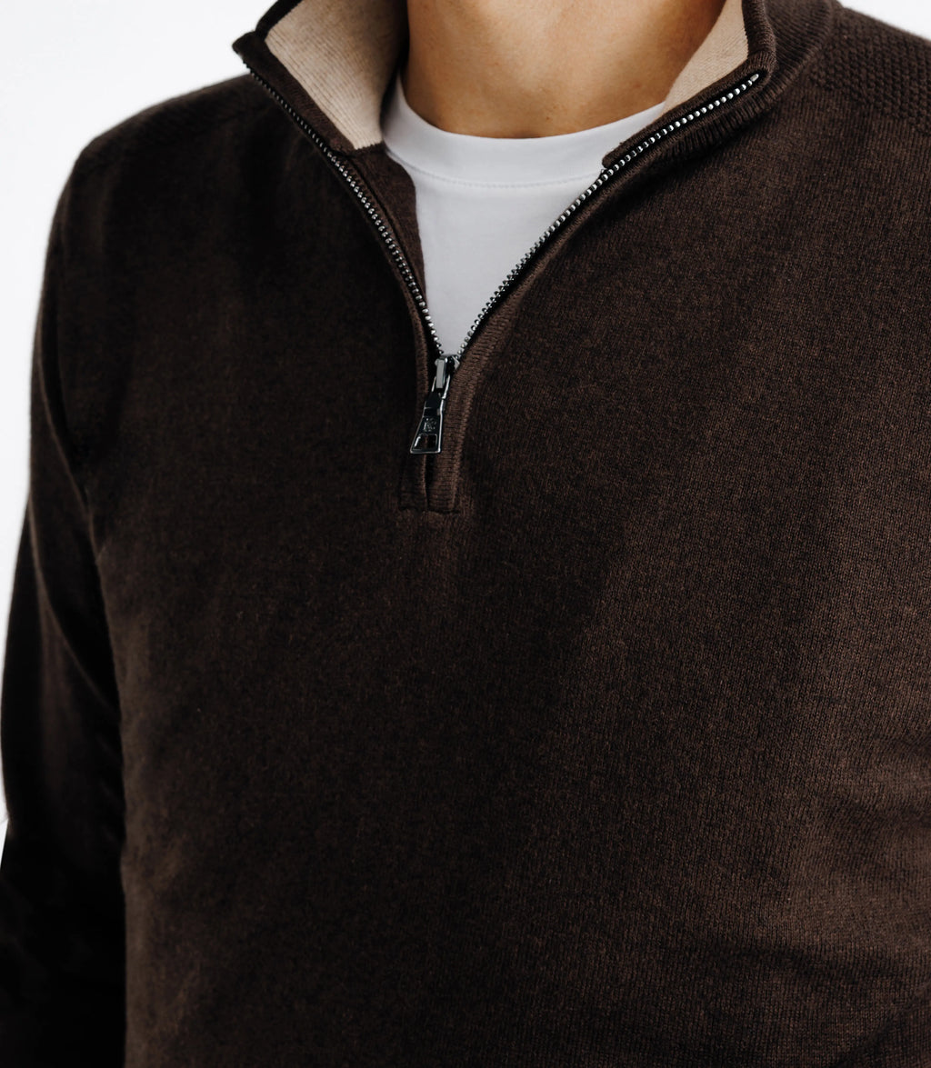 Pull coton/cachemire col zippé chocolat - IZAC