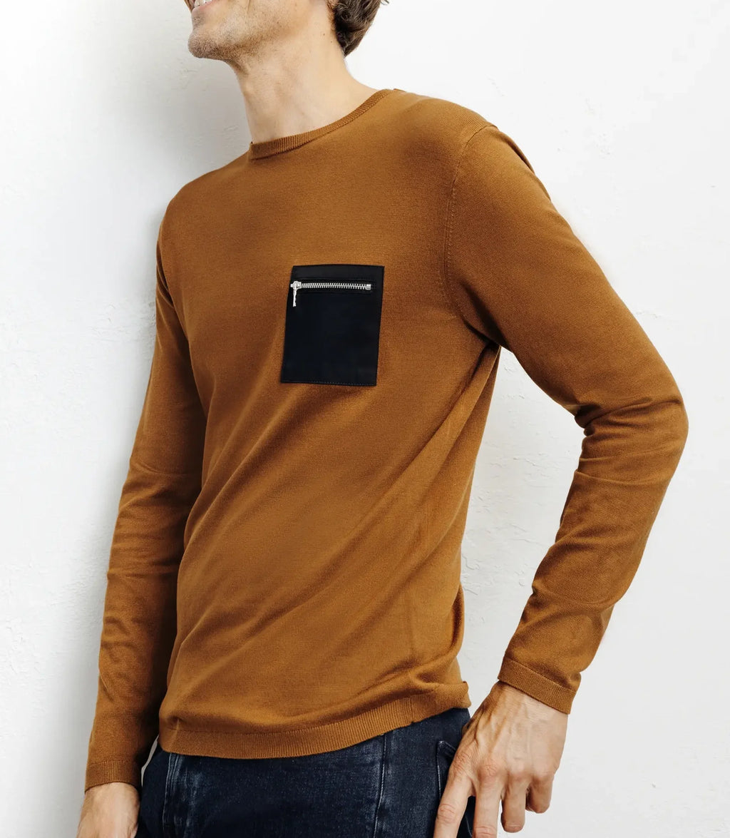 Pull manches longues col rond en maille bronze - IZAC
