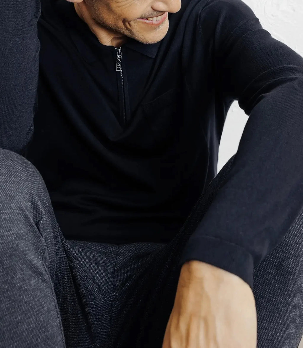 Pull col polo zippé en maille fine marine - IZAC